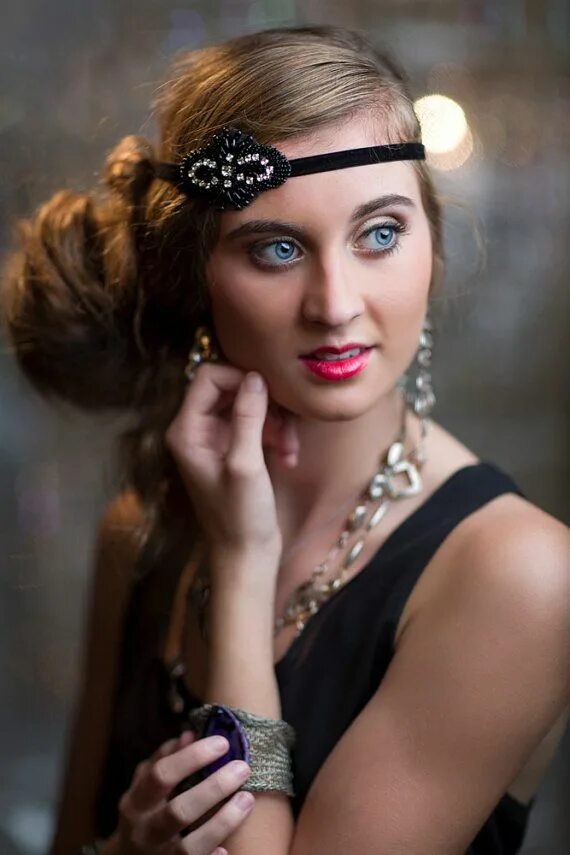 Прическа чикаго на длинные волосы Black Art Deco Headpiece, Great Gatsby Bridal Hair Piece, Flapper Style 1920s Ha