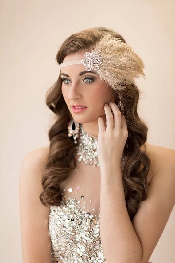 Прическа чикаго на длинные волосы 20s Bridal Headpiece, Great Gatsby Wedding 1920s Feather Fascinator, Silver Bead