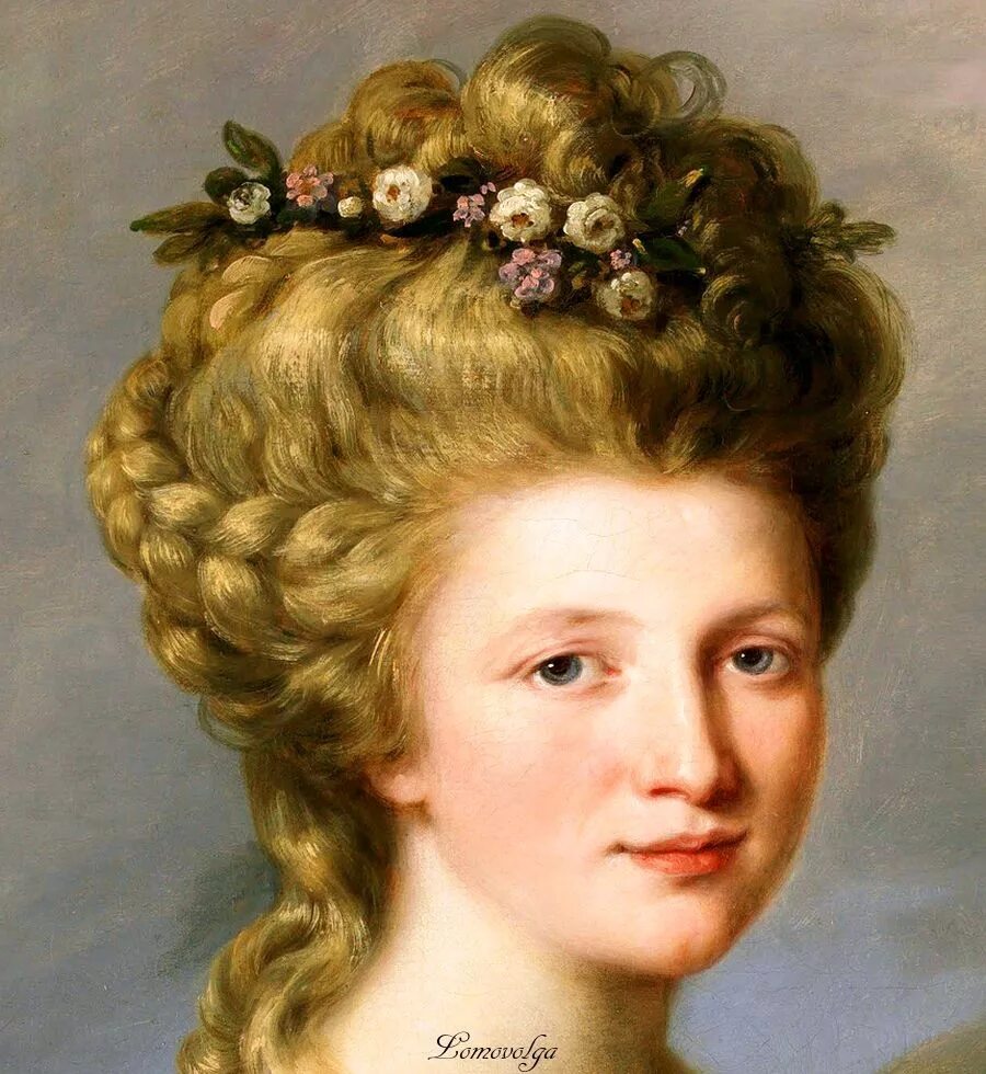 Прическа дамы Angelica Kauffmann. Detail from Portrait of Sarah Harrop as a Muse, 1781. Angeli