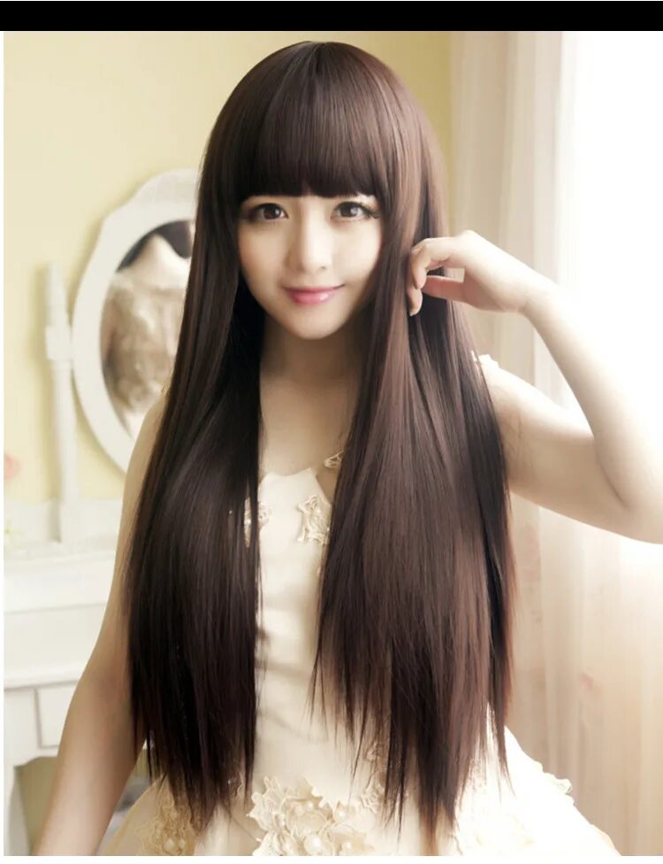 Прическа длинные прямые волосы с челкой 70Cm Long Straight Wig Synthetic Sexy Lady Dark Brown Cosplay Wig Cute Fringe He