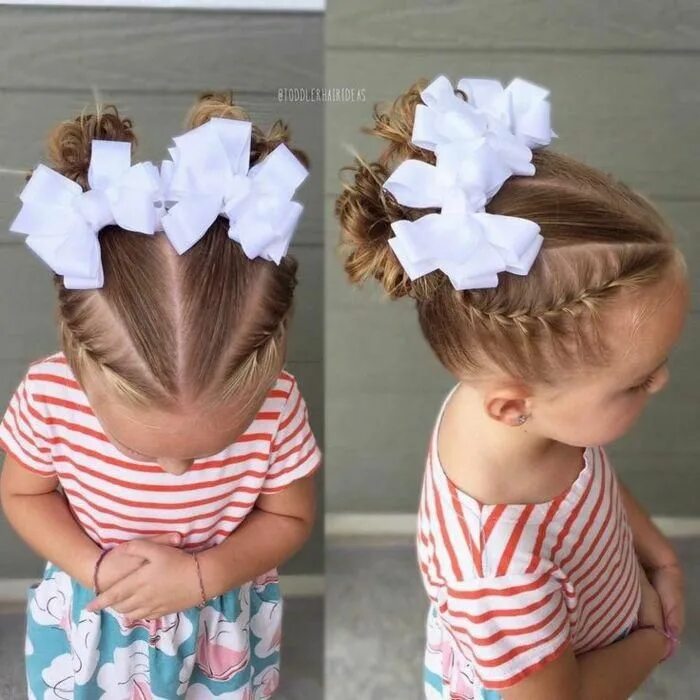 Прическа для девочки 1 класс peinados faciles para niñas, pelo en dos moños con coleteros de cintas blancas c