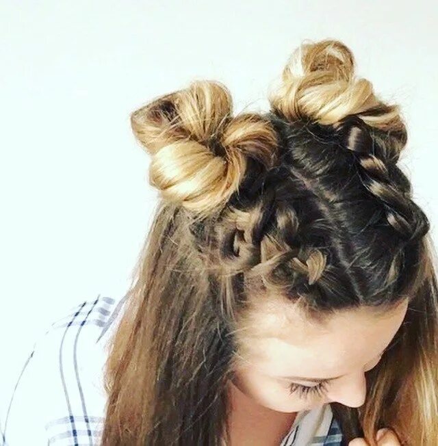 Прическа для девочки две шишечки Double Dutch Braid Buns Half-up Hairstyle Braided bun hairstyles, French braid h