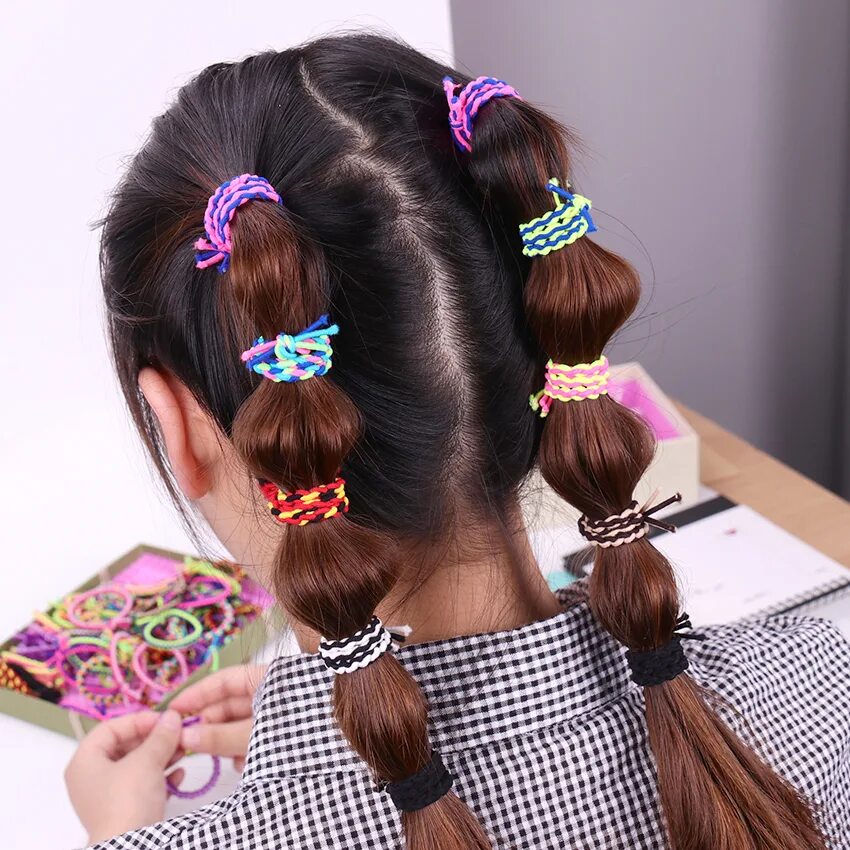 Прическа для девочки много резинок 10PCS Hair Accessories for Girls and Kids Hand Woven Rubber Bands Black Colorful