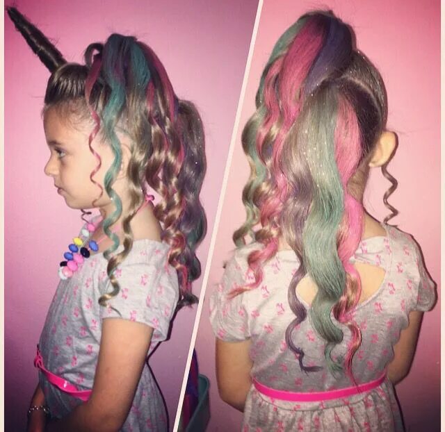 Прическа для девочки с искусственными волосами Unicorn Horn, Curls, Hair Color, & Glitter for Crazy Hair Day! Crazy hair, Wacky