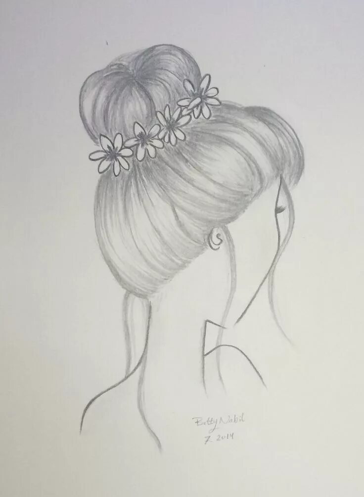 Прическа для девочки с карандашом Draw hair, Bun hairstyle with flowers. Pencil drawings of girls, How to draw hai