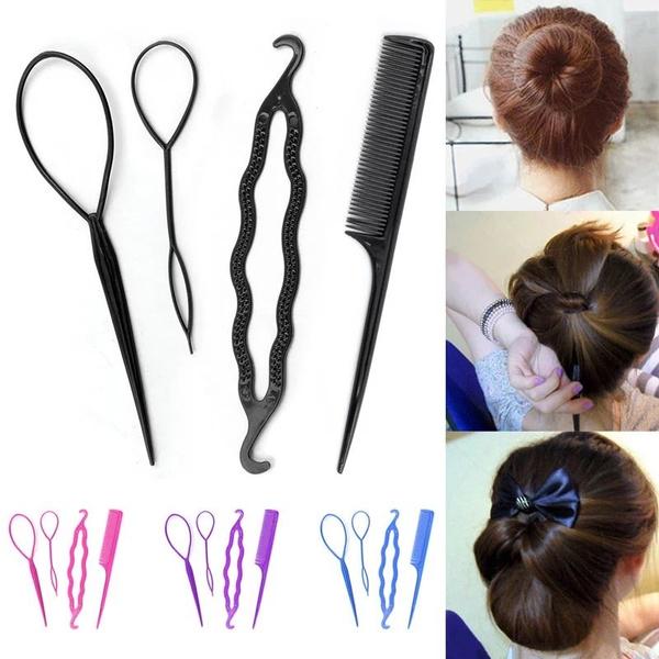 Прическа для девочки с помощью петли Women Fashion Diamond Grade 4pc Set Hair Styling Clip Bun Maker+Topsy Tail Braid