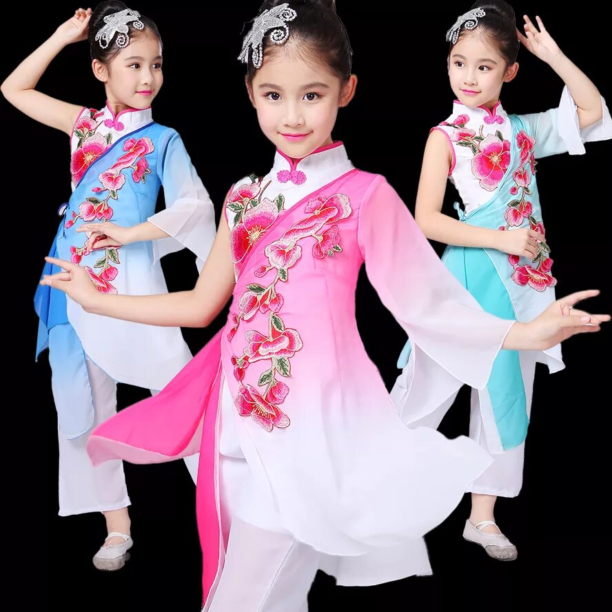 Прическа для китайского танца девочка Girls Chinese Traditional Dance Costume for Stage Child National Folk Fan Dance 