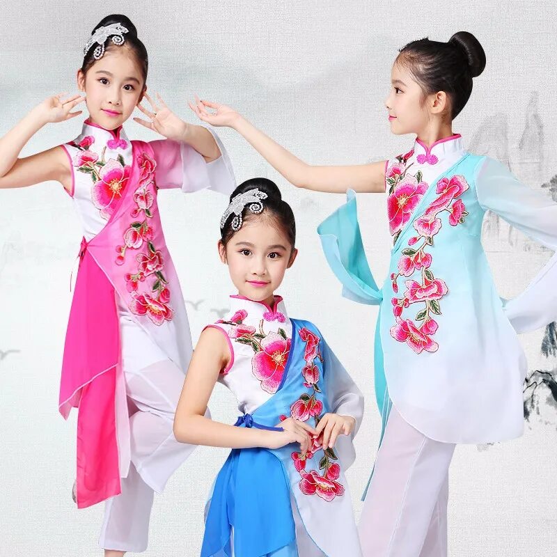 Прическа для китайского танца девочка Girl Yangko Dance Costumes Kids National Classic Fan Dance Clothing Umbrella Dan