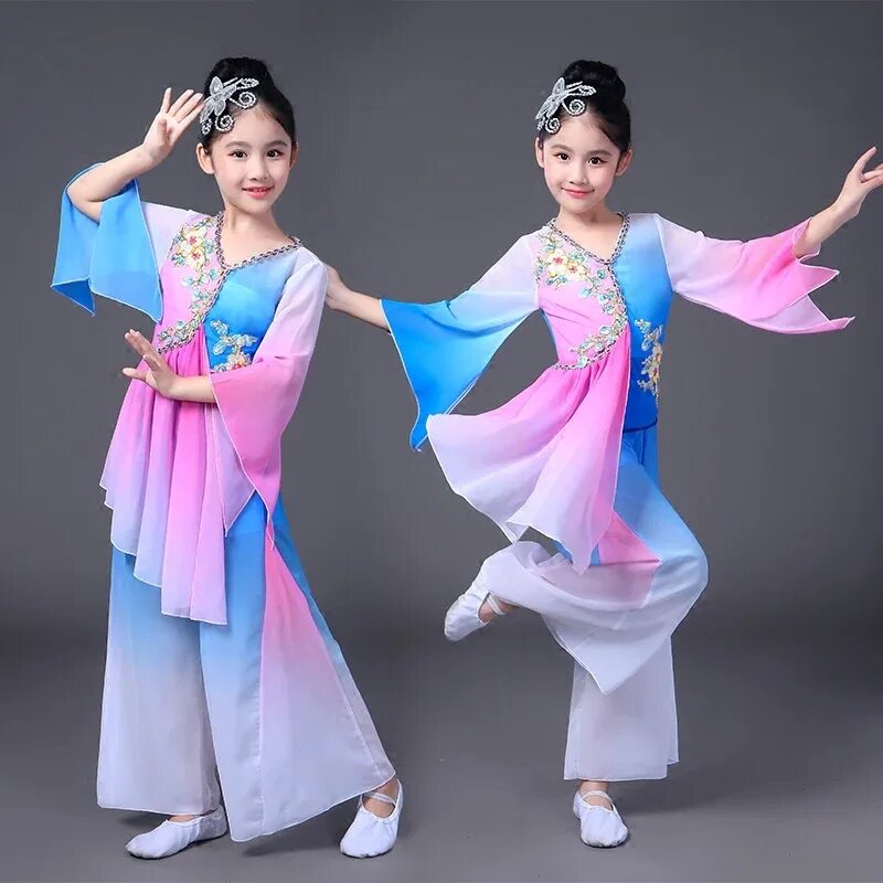 Прическа для китайского танца девочка Chinese National Dance Costume Girl Traditional Yangko Dance Clothing Child Orie