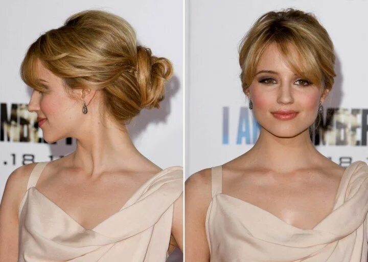 Прическа для невысоких женщин Dianna Agron Hair away from the face in an updo with a knot along the nape Diann