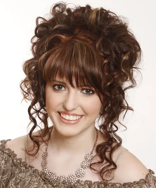 Прическа для юбилея женщине Long Curly Chestnut Brunette Updo Hairstyle with Layered Bangs and Light Brunett