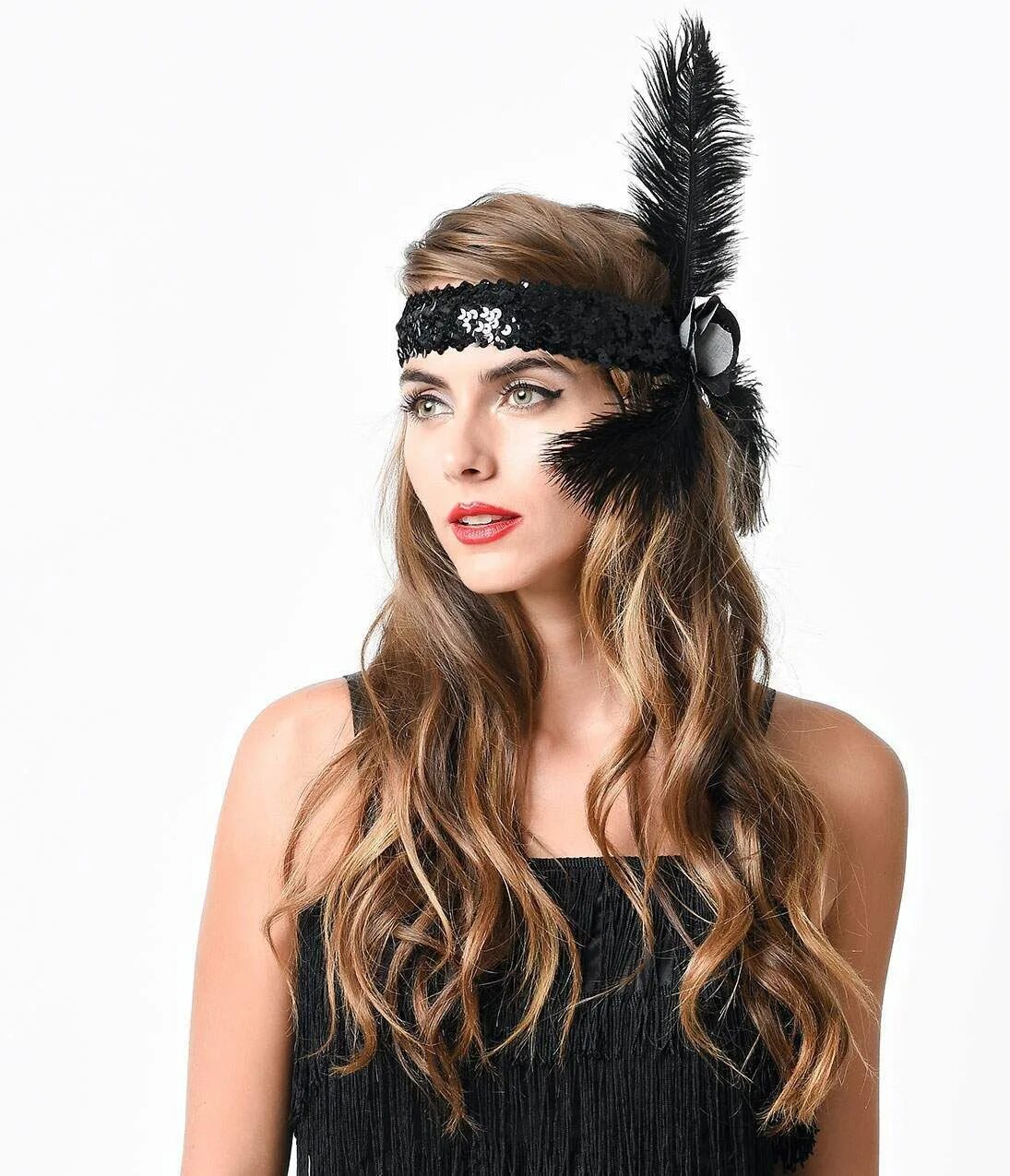 Прическа гэтсби на длинные волосы Black Sequined Glitter Rose & Feather Flapper Headband Gatsby hairstyles for lon