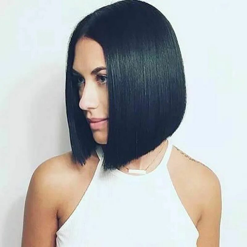 Прическа каре без удлинения Short Bob Straight T Part Lace Front 100% Brazilian Remy Human Hair Black Wig US