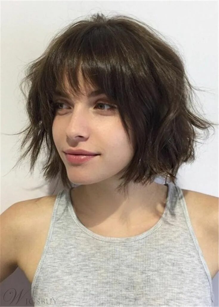 Прическа каре маллет Short Messy Brunette Bob Human Hair Wavy Wigs With Bangs 10 Inches: Wigsbuy.com 