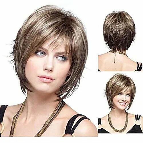 Прическа каскад фото на короткие волосы Synthetic Wig Straight Straight Bob Pixie Cut With Bangs Wig Short Brown With Bl