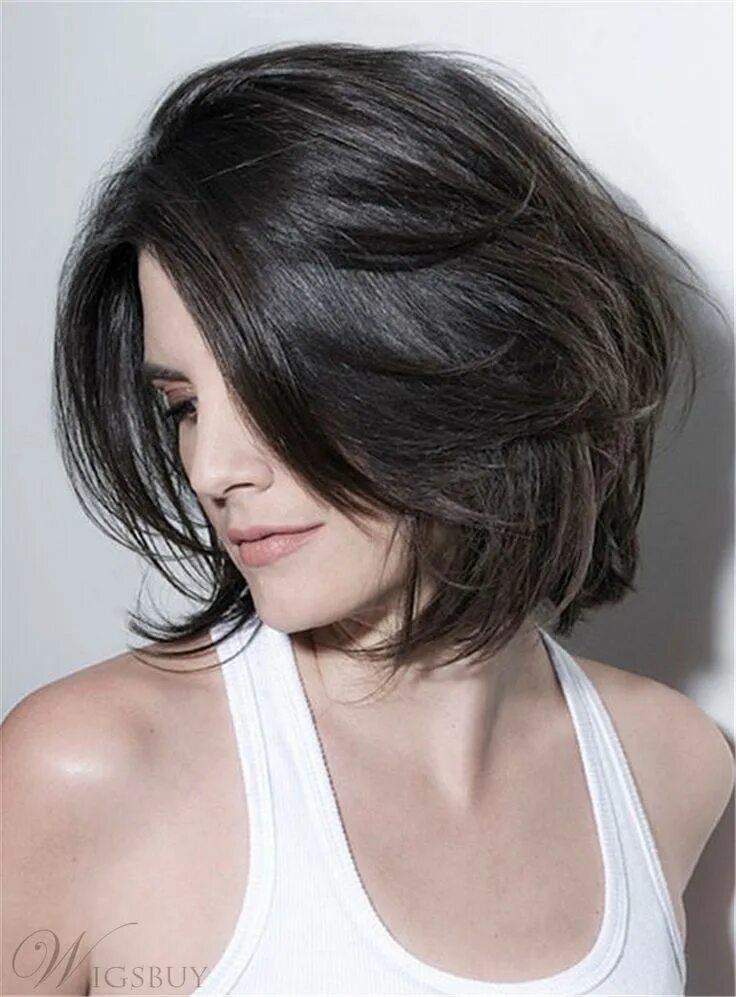 Прическа каскад на каре волосы Smooth Carefree Layered Natural Short Tilted Bob Synthetic Hair Lace Front Women