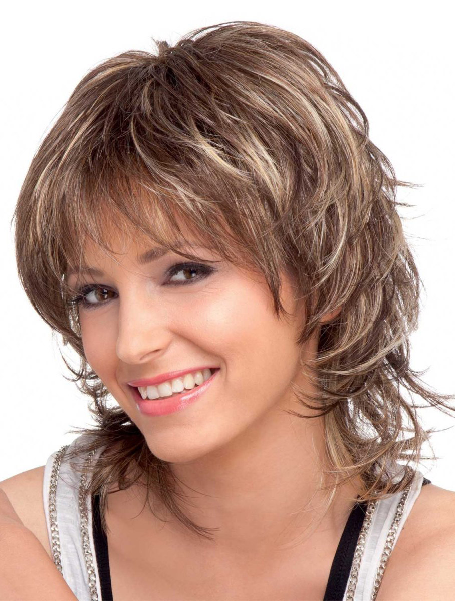 Прическа каскад на короткие волосы с челкой Brown Wavy Shoulder Length Synthetic Wigs Hairstyles for thin hair, Medium hair 