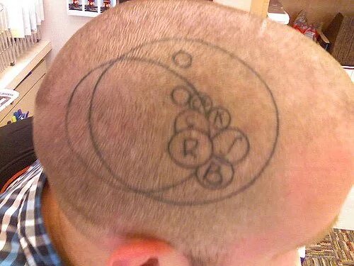 Прическа круг мужская Tattooed head, litle circles with letters in two big circles - Tattooimages.biz