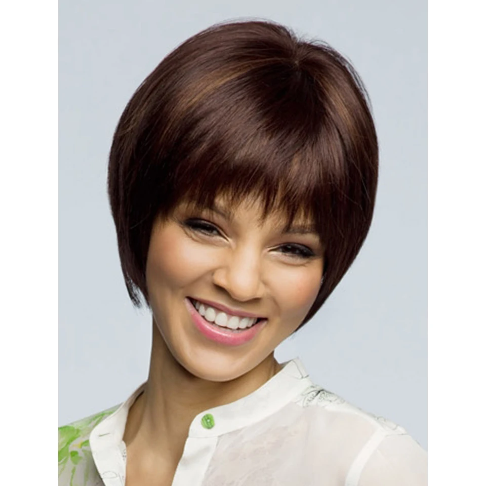 Прическа круглый боб с челкой фото 10 inch Heat Resistant Synthetic short straight light brown wigs for black women