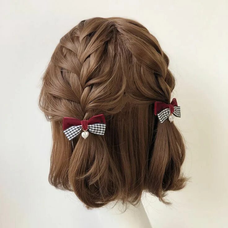 Прическа на каре с бантиком Twin Bear - Plaid Bow Hair Clip YesStyle Kawaii hairstyles, Hair inspiration, Sh