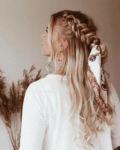 Прическа на прогулку 2024 Half Up Braids with a Scarf #halfupdo #braids 294282156901891363 Cute braided ha