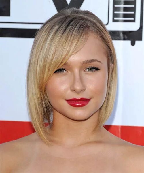 Прическа на средние тонкие жидкие волосы Hayden Panettiere Medium Straight Blonde Bob Haircut with Side Swept Bangs Blond