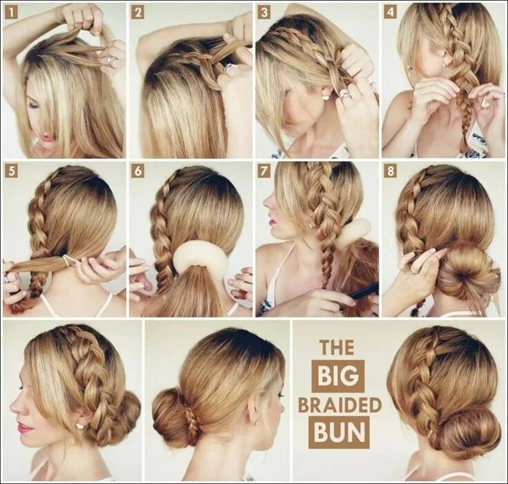 Прическа на средние волосы по шагово The easy to do Big Braided Bun. Braided bun, Womens hairstyles, Hair styles