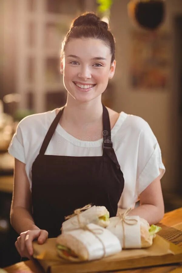 Прическа официанта женская Portrait of Smiling Waitress Holding a Tray with Sandwiches Stock Photo - Image 