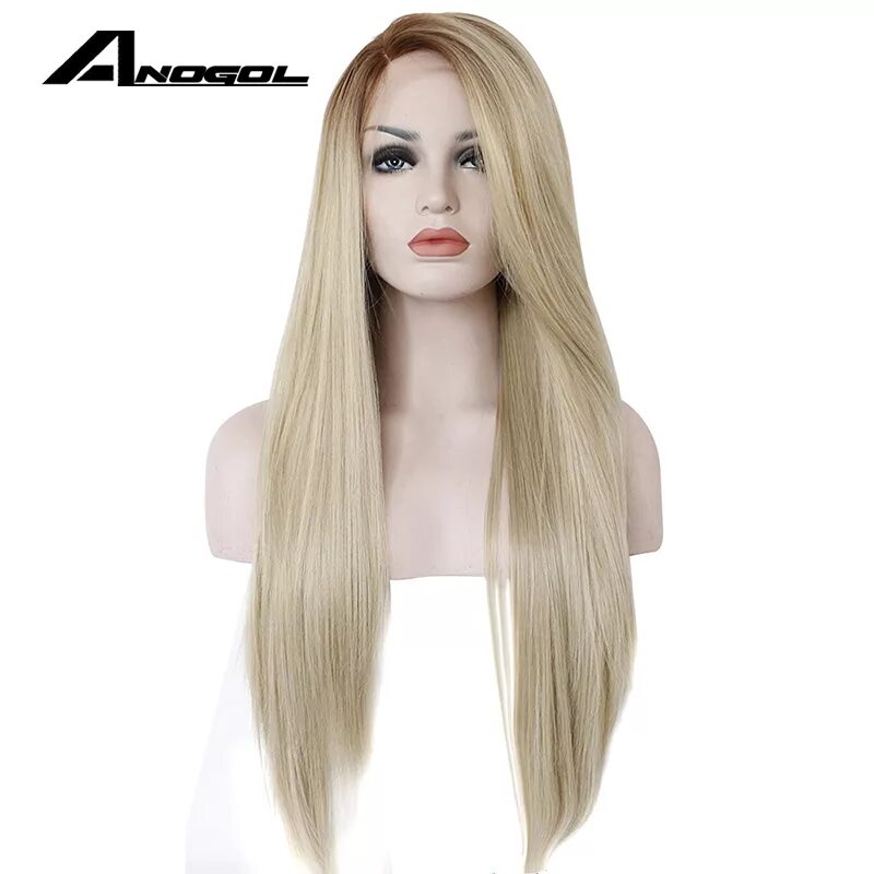 Прическа парик на длинные волосы Anogol Side Part Glueless Long Silky Straight Wave Blonde Ombre Dark Roots Synth