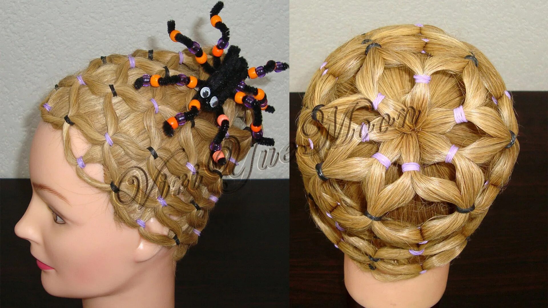 Прическа паутинка для девочек из резиночек This is an option for halloween is a spider web with your own hair #halloween #s