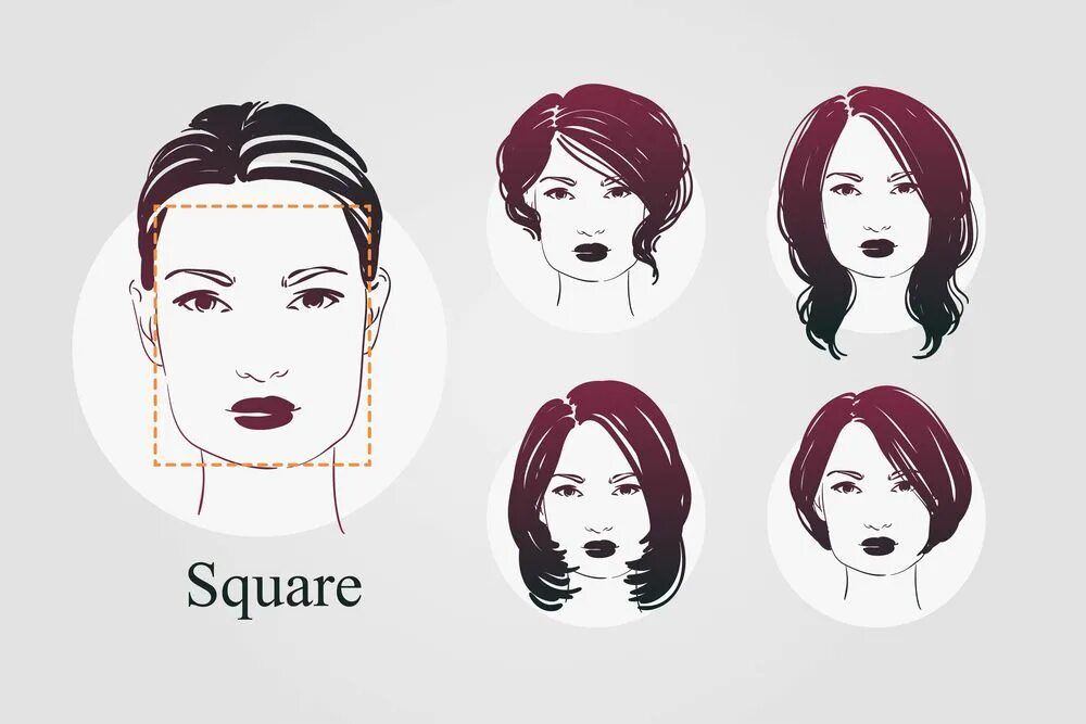 Прическа по лицу женская Illustrated example of woman with square face along with example hairstyles o. F