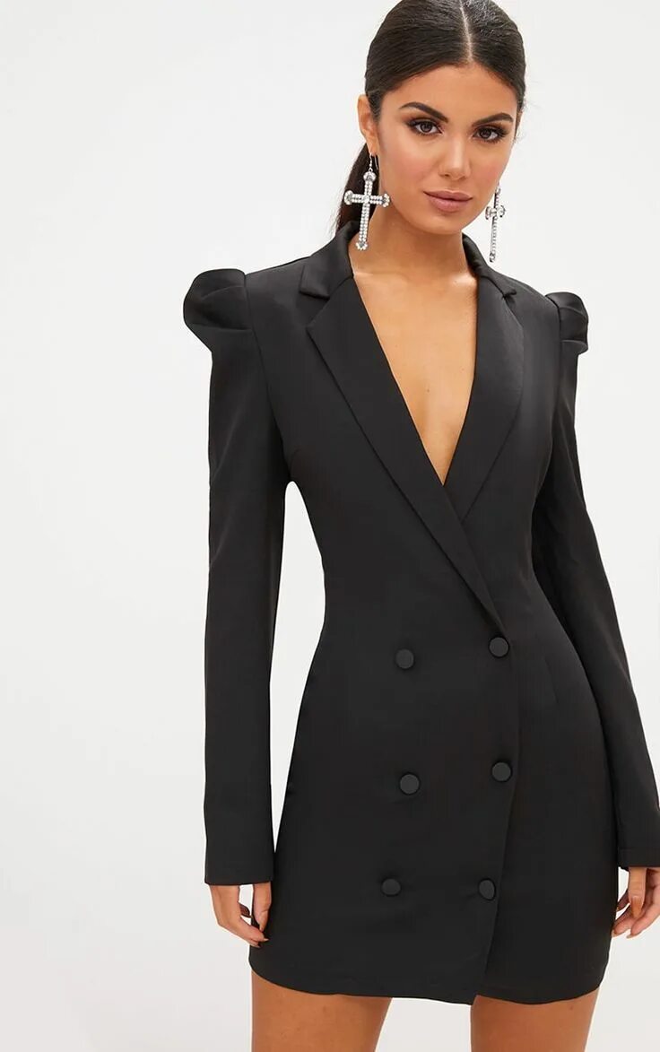 Прическа под платье пиджак на длинные волосы White Puff Sleeve Button Up Blazer Dress Black dress with blazer, Blazer dress, 