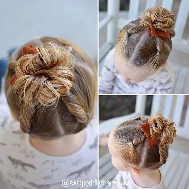 Прическа пучок на средние волосы девочке Cute and Easy Toddler Hairstyle: 4 Twists and a Messy Bun