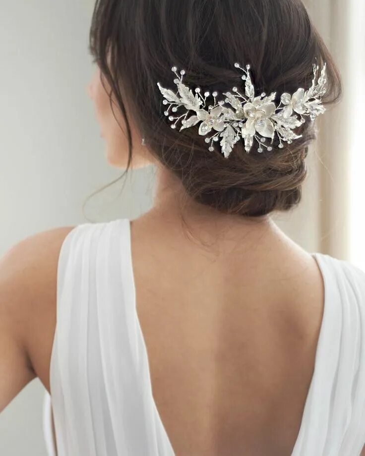 Прическа с гребешком на короткие волосы Floral Bridal Hair Comb, Wedding Comb, Silver Floral Bridal Accessory, Rhineston