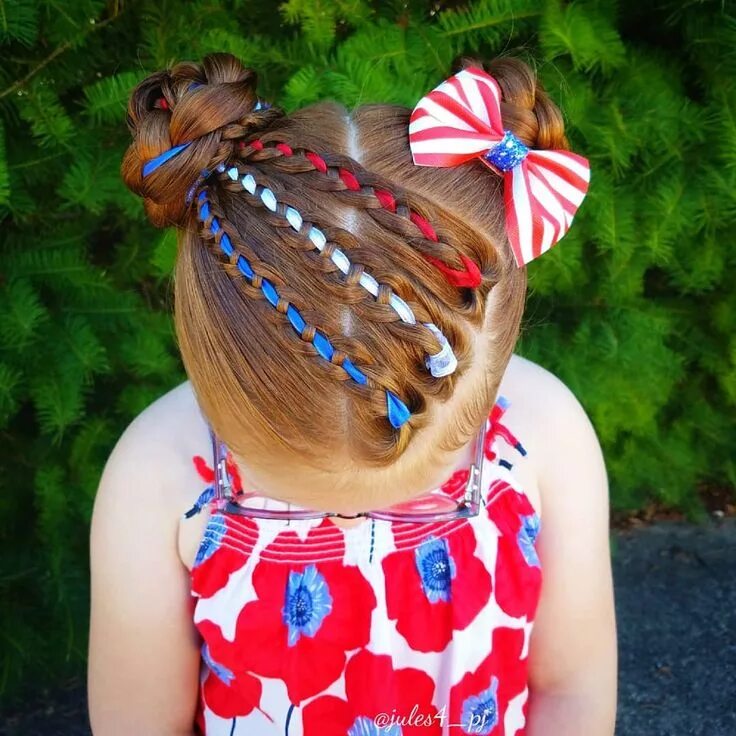 Прическа с лентами для девочки Fourth of July themed hair. Red, white, blue, hair. Four strand braid. Four stra