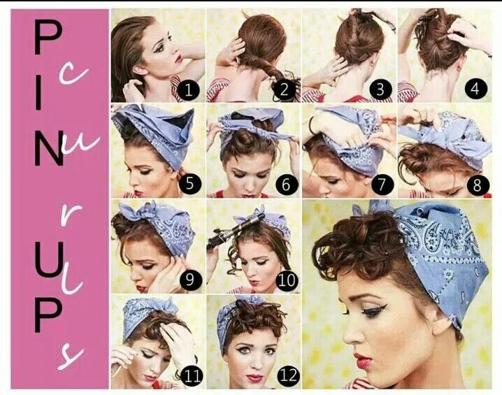 Прическа с платком на короткие волосы #pincurl, #1940, #headscarf Pin up hair, Rockabilly hair, Up hairstyles