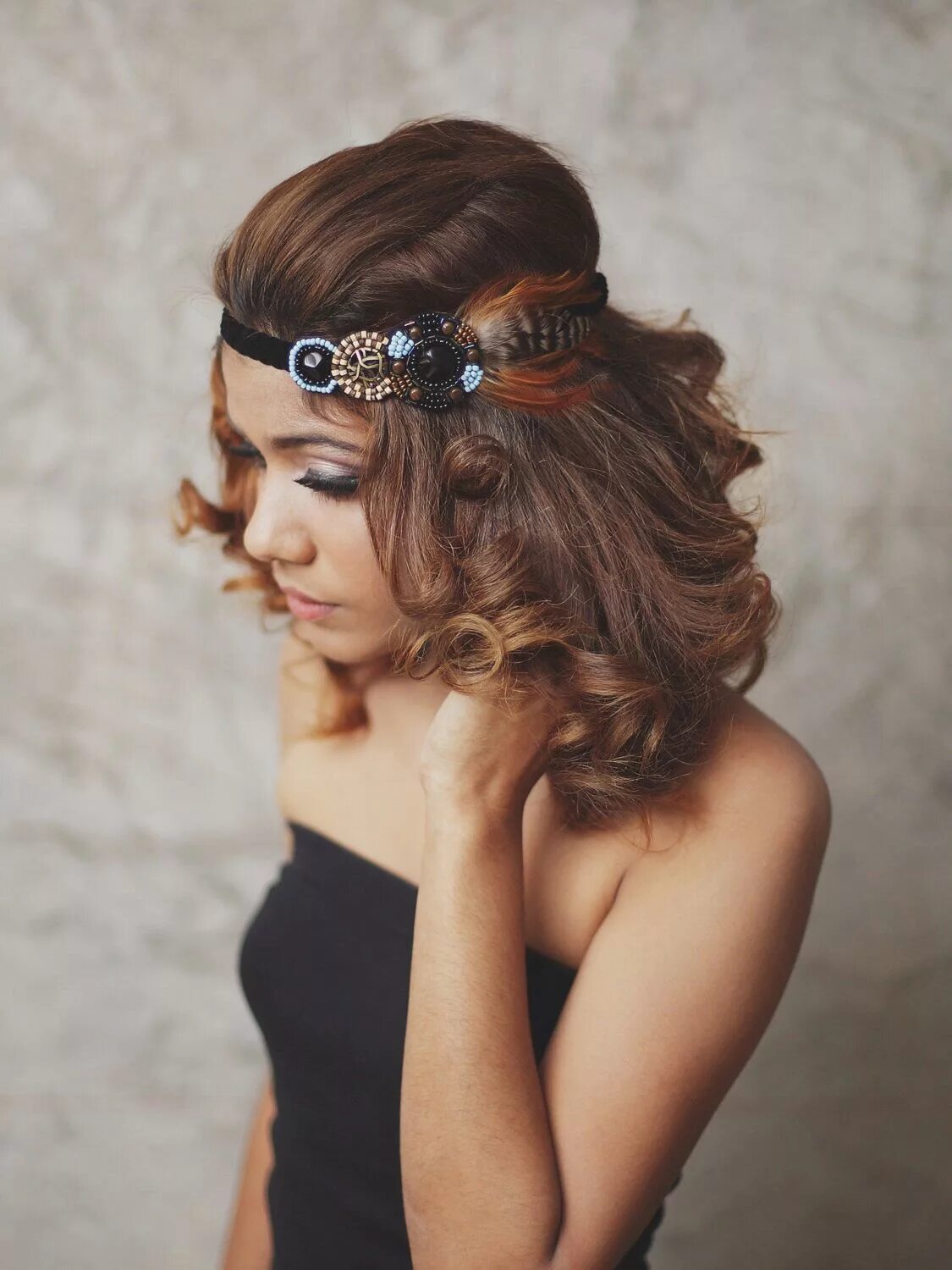 Прическа с повязкой Indian - Black, Brown feather with Black beads, boho headband, hippie headband, 