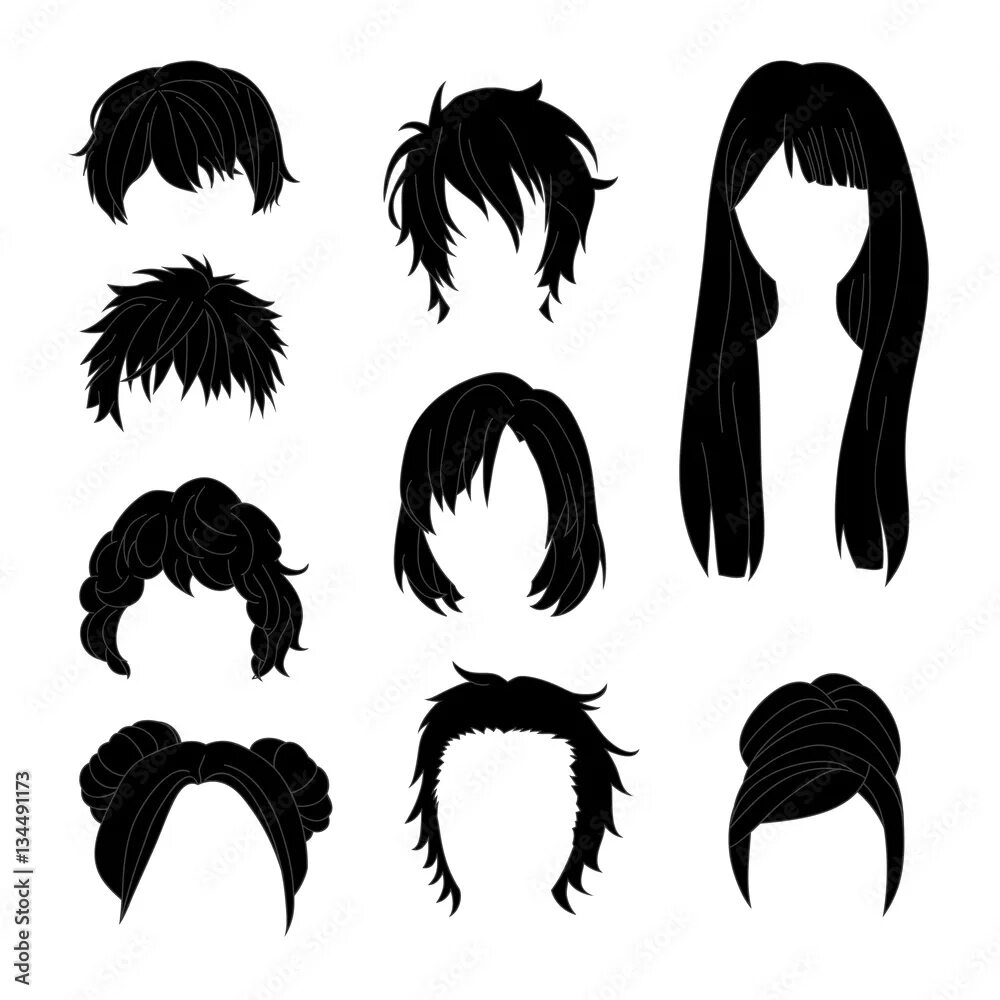 Прическа шаблон Collection Hairstyle for Man and Woman Black Hair Drawing Set 2. Vector illustra