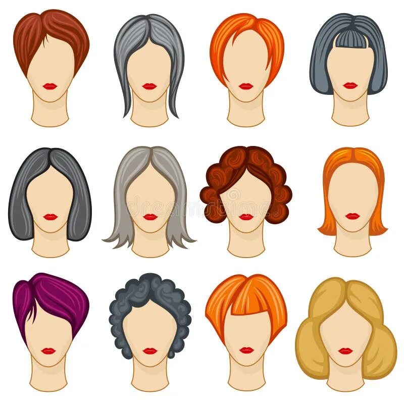 Прическа шаблон Womens Cartoon Hair Vector Hairstyles Collection Stock Vector - Illustration of 