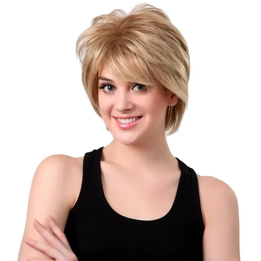 Прическа шапочка женская на средние Natural Light Blonde Straight Short Hair Wigs Short Women's Fashion Wig New Hair