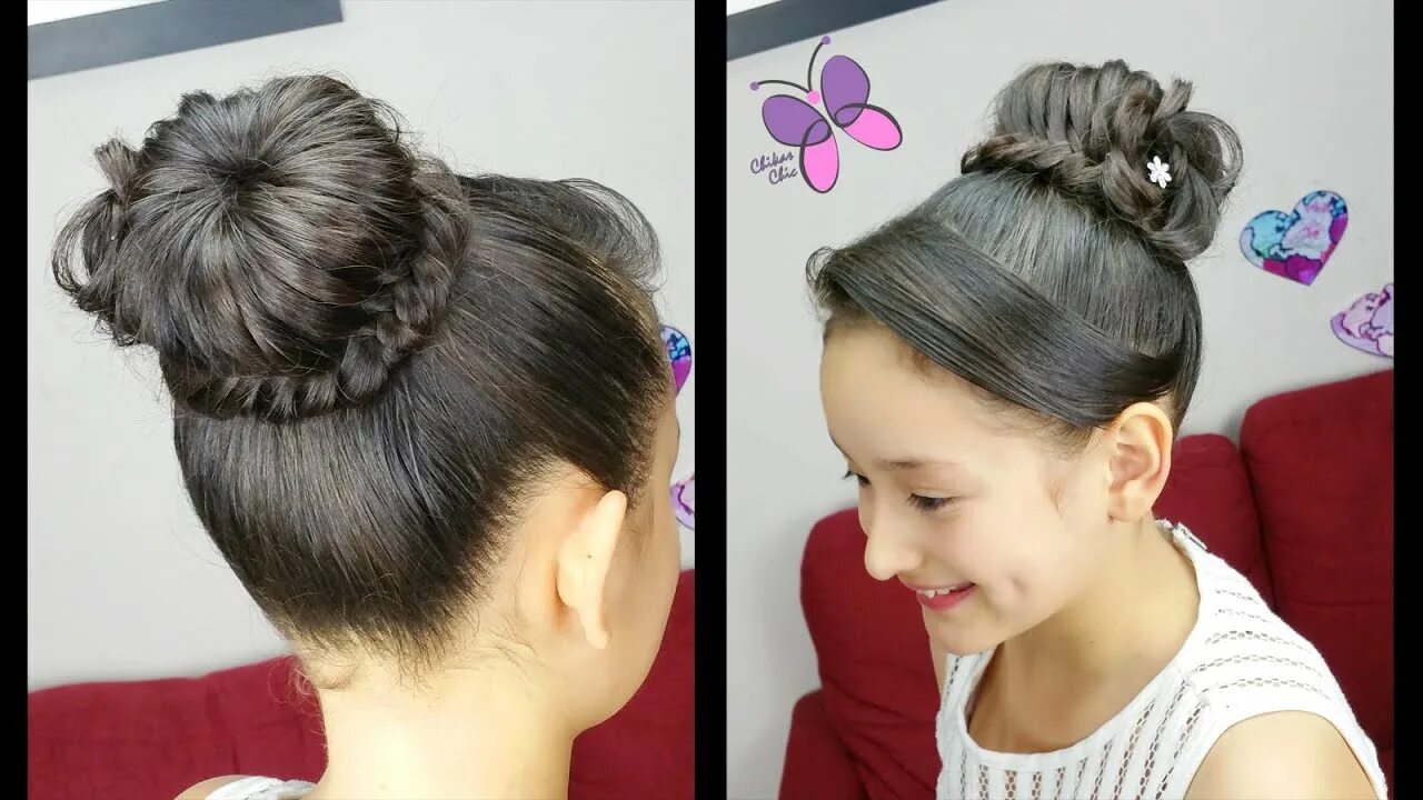 Прическа шишка на голове для девочки Dona con Trenza Espiga o Pescado Peinado Elegante - YouTube