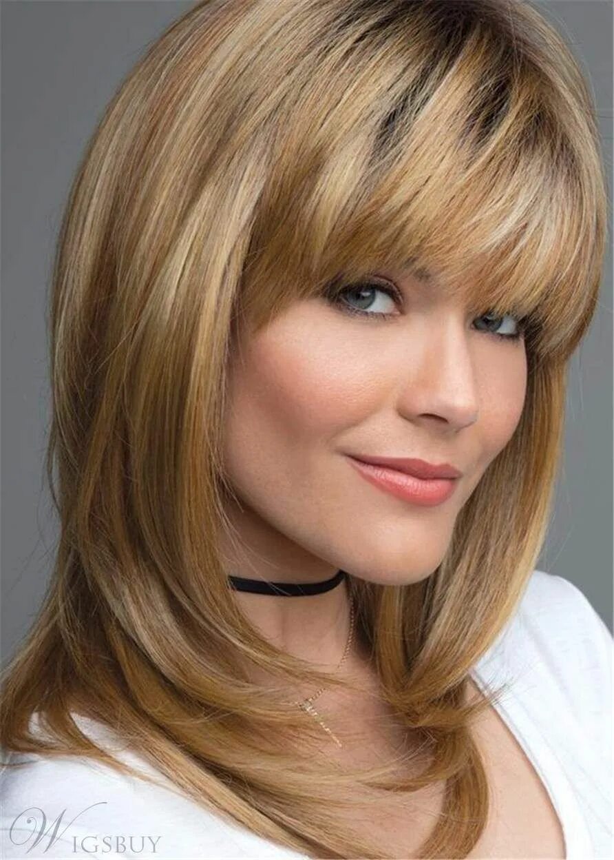 Прическа средней длины с челкой фото Layered Shag Hairstyle With Bangs Medium Synthetic Capless Wigs: M.Wigsbuy.com H