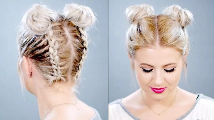 Прическа в дорогу на средние волосы Double Braided Space Buns On Short Hair Milabu Braids for short hair, Cool braid