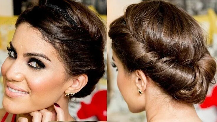 Прическа в ресторан на средние chignon bas avec mèches torsadées et maquillage des yeux dramatique Укладка длин