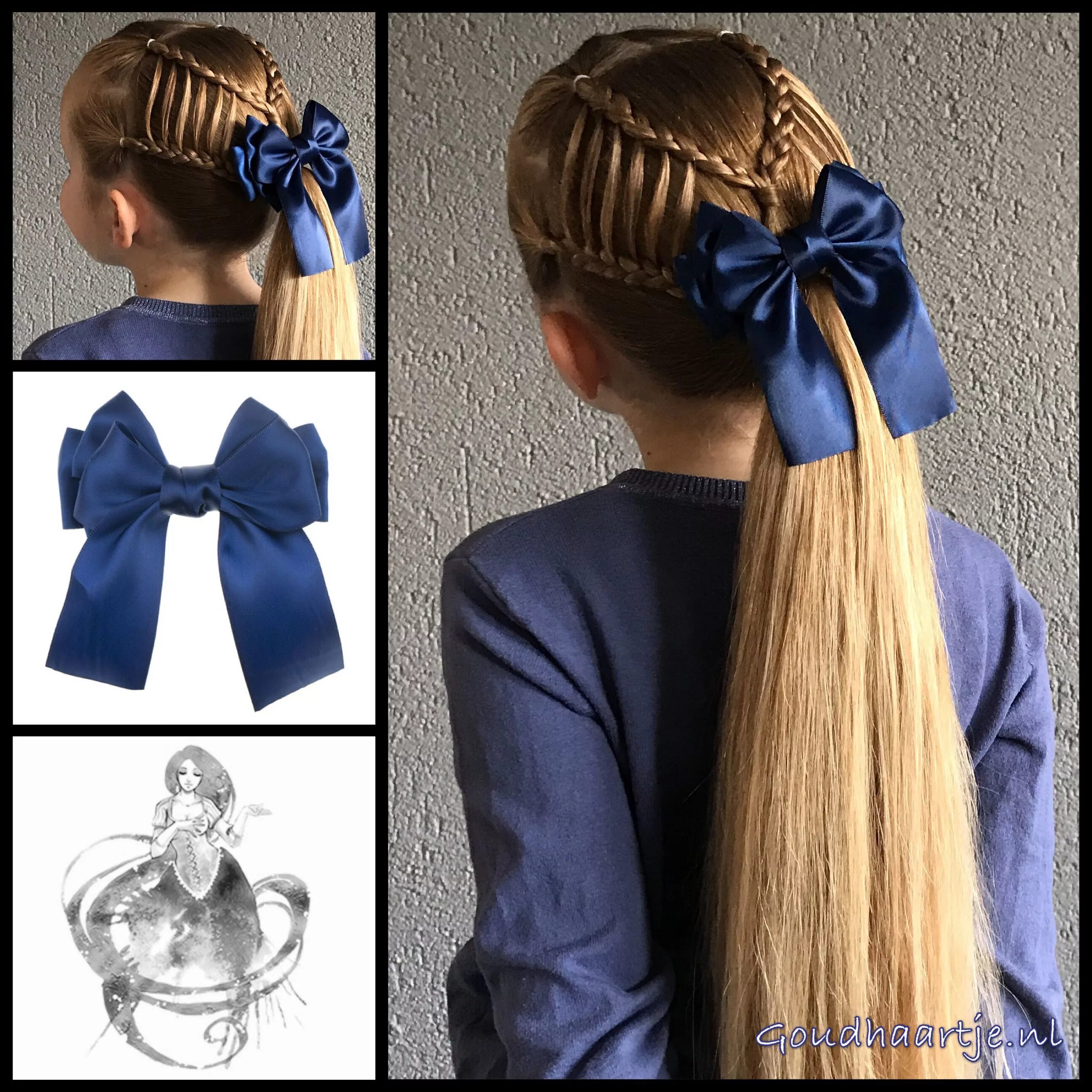 Прическа в школу с бантиками Feathered braids into a ponytail with a gorgeous big bow from the webshop www.go