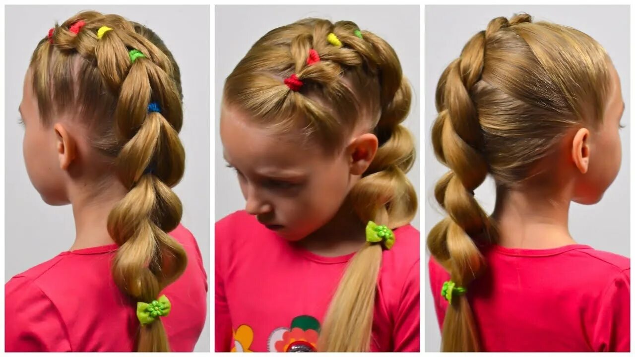 Прическа в школу с резинками PULL THROUGH BRAID with BRIGHT ELASTICS ★ Mohawk Braids ★ Updo hairstyles for lo