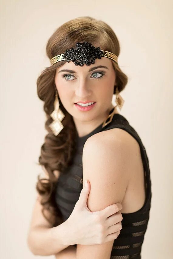 Прическа в стиле гэтсби на длинные Black Art Deco Headband, Gatsby Wedding Headpiece, 1920s Bridal Hair Piece, Grea