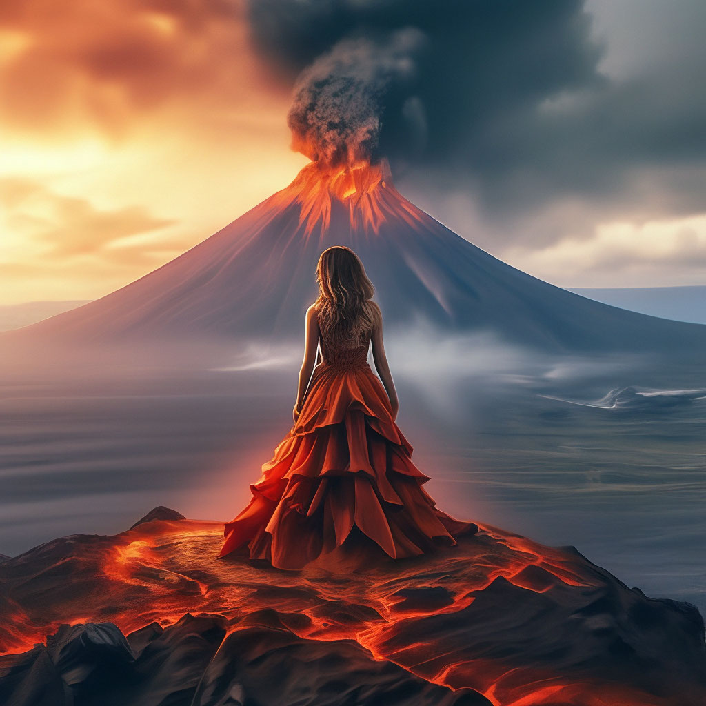 Прическа вулкан для девочки "A girl on top of a volcano in a dress." - image created in Shedevrum