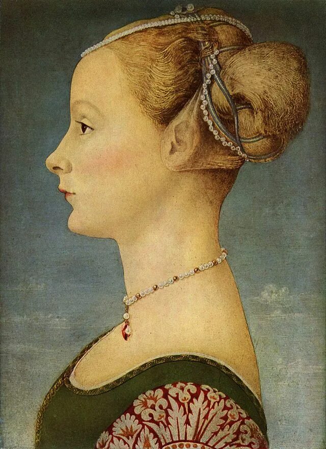 Прически 15 века женские Portrait of a Young Woman (Pollaiuolo) - Wikipedia