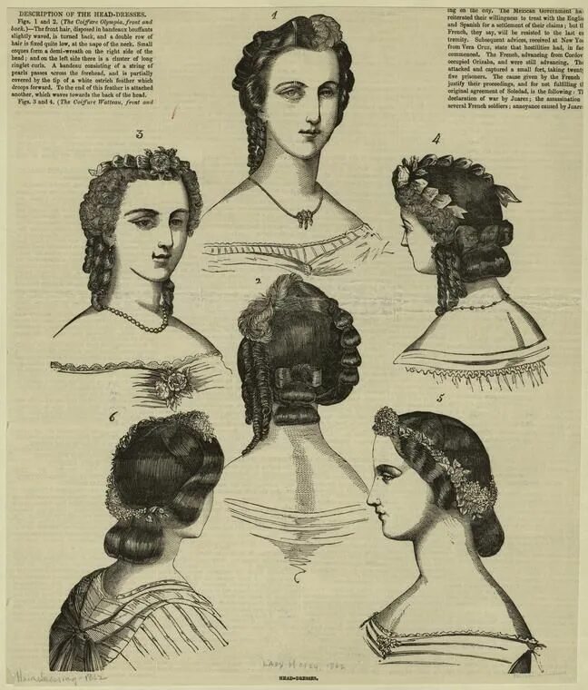 Прически 1860 годов Head-Dresses. - NYPL Digital Collections Historical hairstyles, Victorian hairst